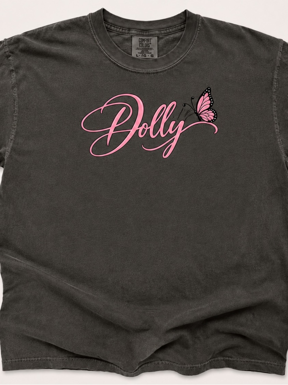 Comfort Colors Dolly Script Tee - Pink on Charcoal